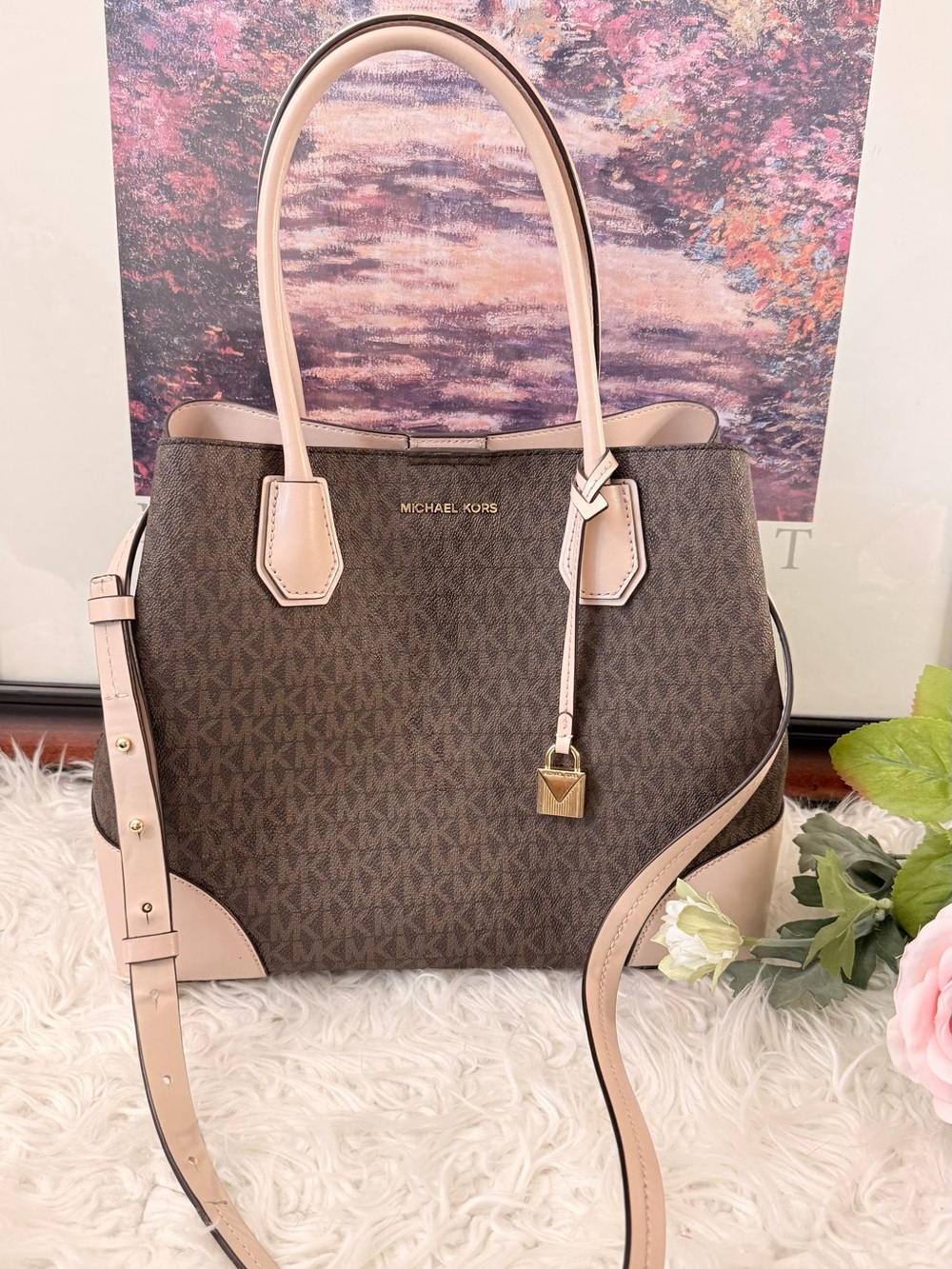 Michael Kors Brown & Pale Pink Logo Tote with Gold Hardware